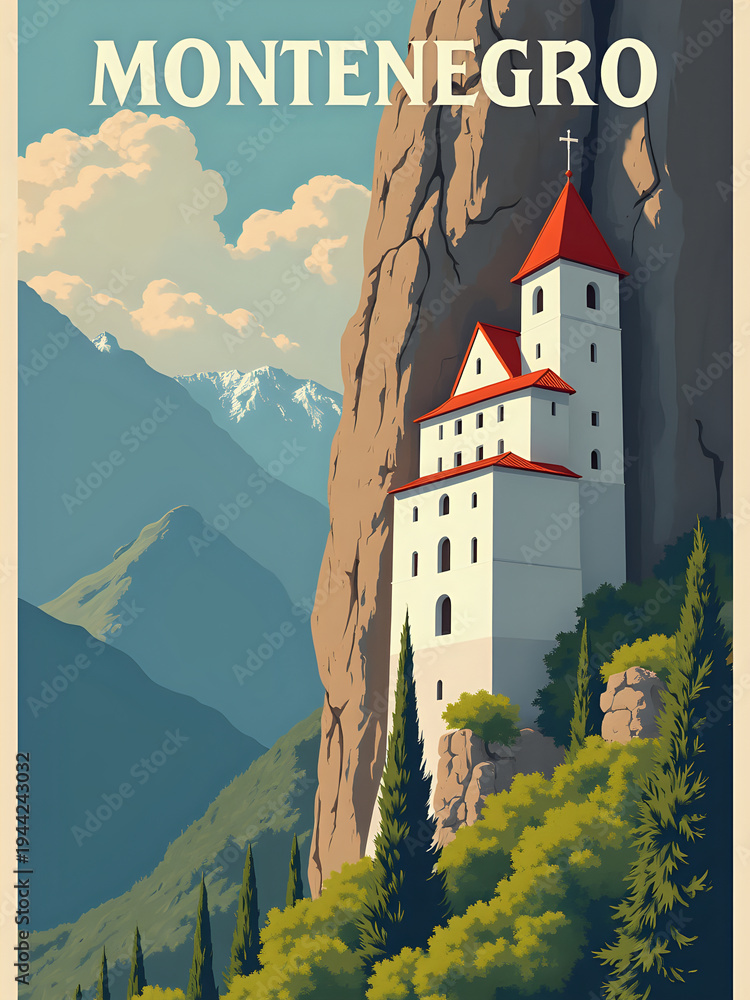 A tall cliff stands in the background with a small building at its top. The building has a red roof and white walls. Mountains are visible in the distance. Trees surround the base of the cliff.