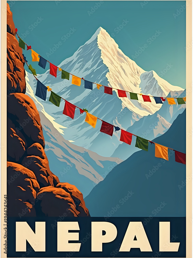 Colorful prayer flags hang across a mountain valley in Nepal. A tall peak rises in the background under a clear sky. This view shows the beauty of nature and local culture.