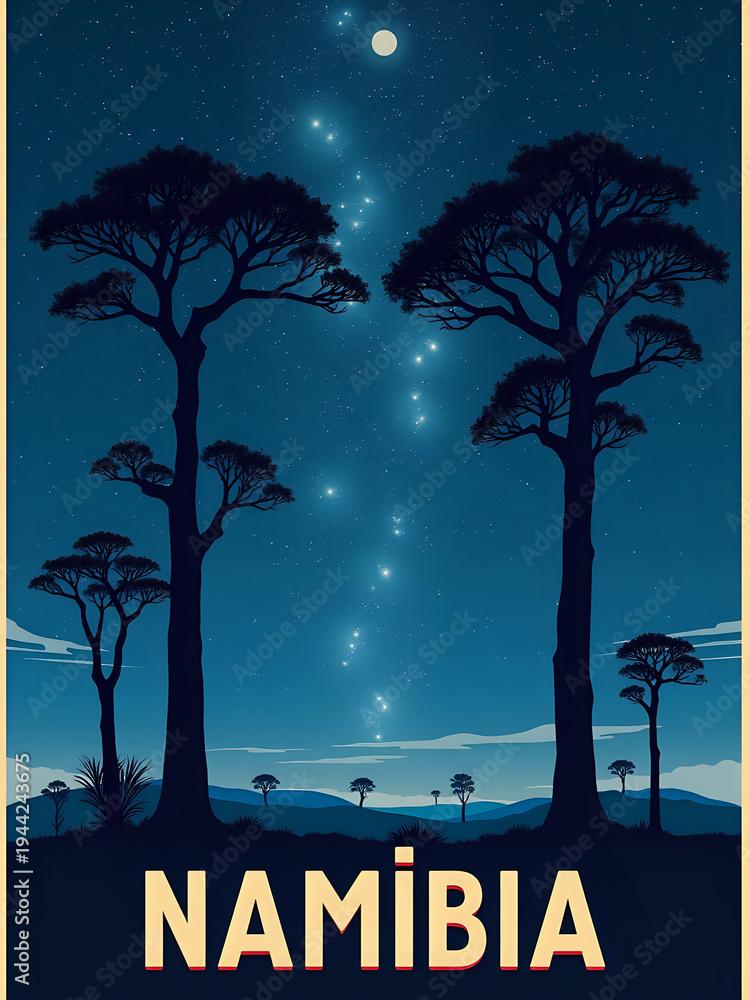 Baobab trees stand tall against a night sky in Namibia. Stars fill the sky, showing a bright celestial path. The scene shows the beauty of nature and the vastness of the universe.