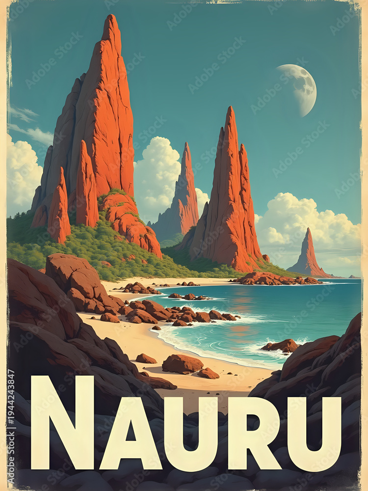 Tall red rock formations rise above the shore. Waves crash on the beach. A bright moon hangs over the scene. Lush greenery adds color to the landscape. This view captures the beauty of Nauru.
