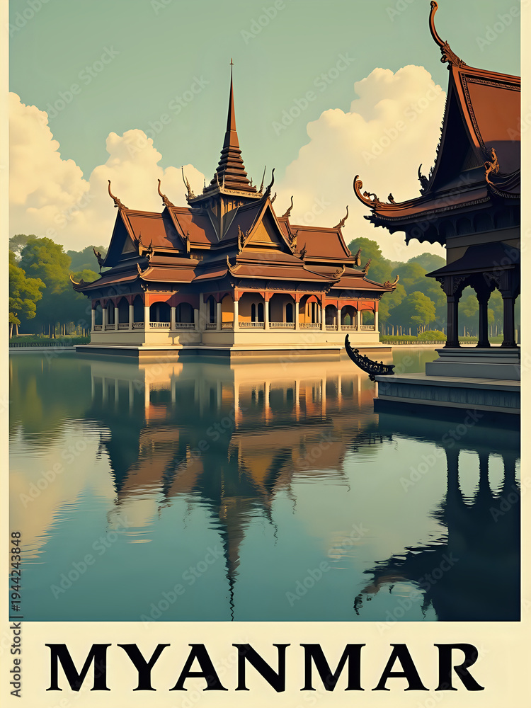 A pagoda stands near the water with trees in the background. The building has ornate details and is surrounded by calm water. The scene shows clear skies and bright sunlight in Myanmar.