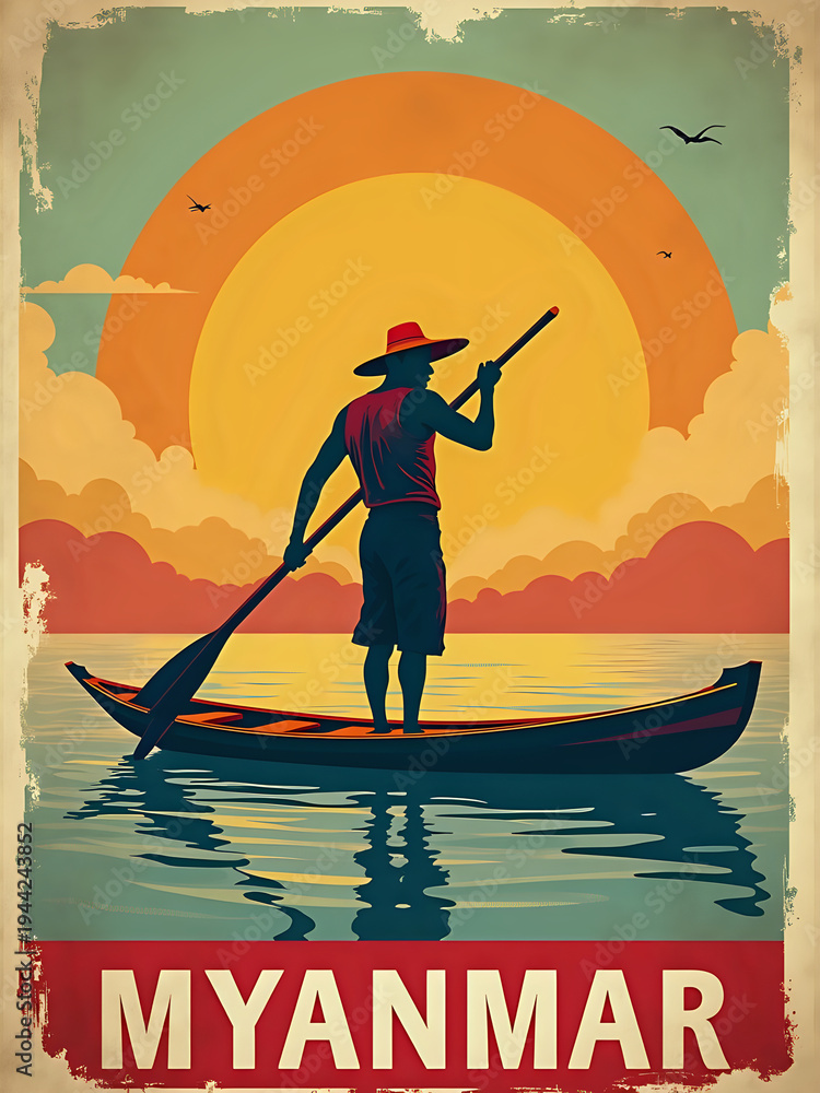 A man stands in a wooden boat, using a paddle to navigate the water. The sun sets in the background, casting orange and yellow hues across the sky. Birds can be seen flying above.