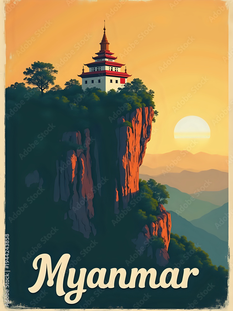 The scene shows a temple perched on a rocky cliff. The sun is setting in the background, casting warm colors over the mountains. The sky is bright and the landscape has a serene feel.