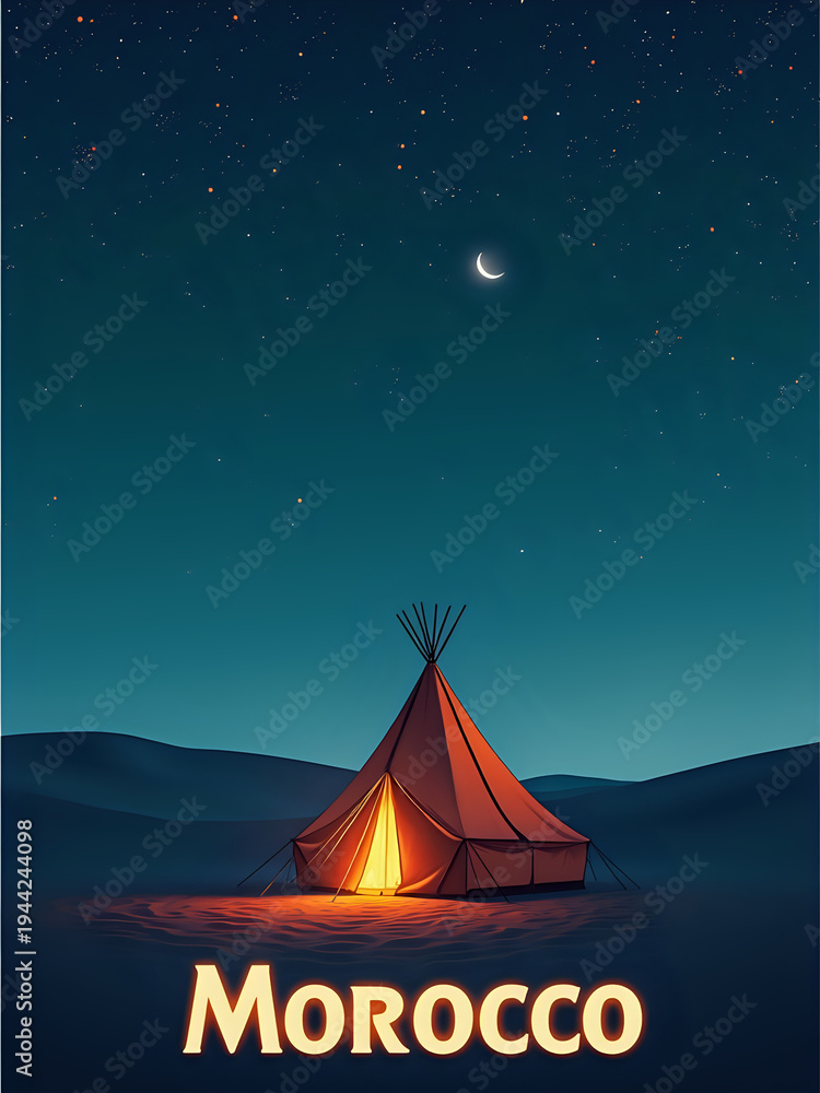 A tent stands in a desert with the night sky filled with stars. A crescent moon shines above. The surroundings are quiet, highlighting the beauty of Moroccos landscape.