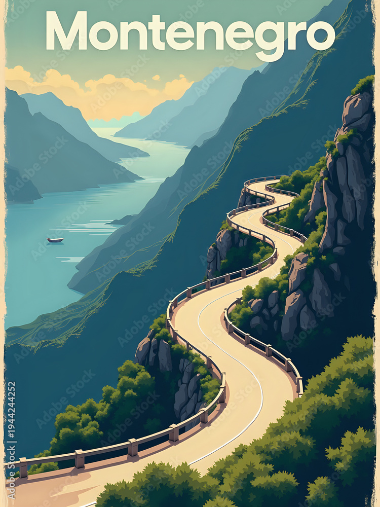 A road curves along a mountain edge overlooking a bay in Montenegro. The sun shines on the landscape, illuminating the water and the rocks. A boat is visible on the water in the distance.