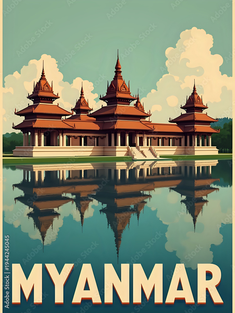 A temple in Myanmar stands by the water. It has many spires and is surrounded by trees. The sky is blue with white clouds. The temples reflection can be seen in the calm water.