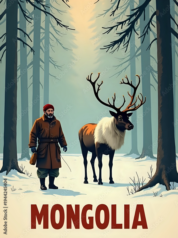 A man is walking through a snowy forest in Mongolia. He is next to a reindeer with large antlers. Trees surround them, and it looks like winter. Both look calm in the forest setting.