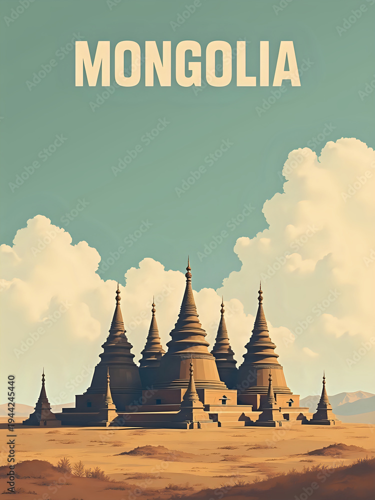 The scene shows a group of large, tall structures in Mongolia. The sky is blue with a few clouds. The landscape is dry and open, with mountains in the distance.