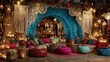 © Mahira - Luxurious bohemian lounge with vibrant pillows and warm ambient lighting.