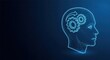 © Moon Guy - Abstract human head outline with internal gears and arrow, symbolizing cognition and artificial intelligence, set against a dark blue background.