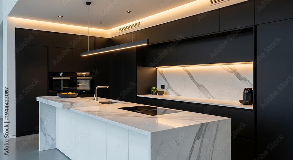 Modern kitchen design with marble countertop and black cabinets ...