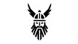 © Mundhut - Black graphic of a bearded face with a helmet and wings on a white background