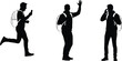 © Shathi - A set of professional black vector silhouettes of a student with a backpack walking, waving, and talking on a mobile phone.