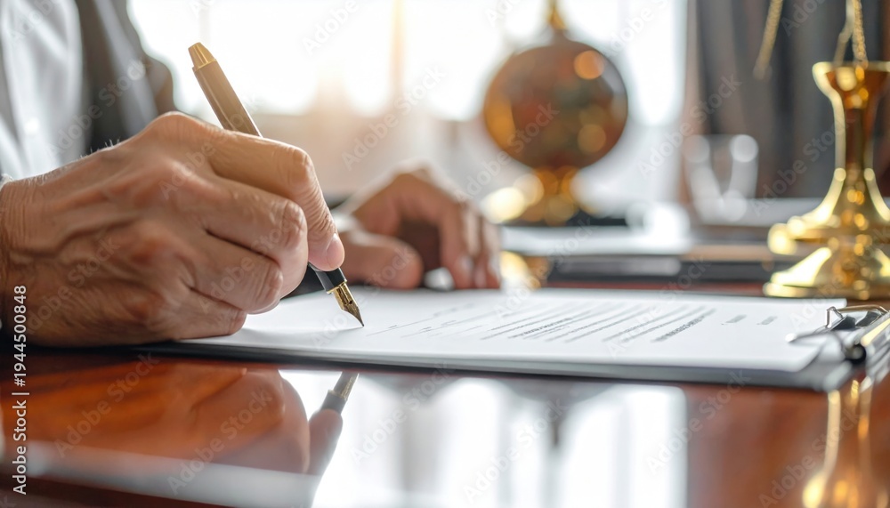 Professional hand carefully signing a legal contract with a premium pen ...