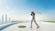 © Lustre Art Group  - Golf player hitting ball on rooftop practice green with modern city skyline background for sports advertising, fitness marketing and urban lifestyle campaigns.