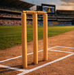 © AI Digital Art - Close-Up of Cricket Wickets with Cricket Stadium Background View