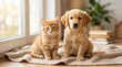 © Irfan - Adorable orange tabby kitten and golden retriever puppy sitting together on a cozy blanket indoors