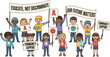 © DesignProMedia - Children holding banners for community support equality awareness campaign educate not discriminate social unity kids activism vector illustration