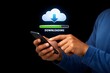 © Sultana - Download processing data concept. Downloading data from cloud storage. Person using smartphone with downloading bar on virtual screen for download files.