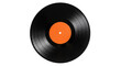 © Luca - Black vinyl record isolated PNG, vintage music disc with orange label on transparent background for audio and entertainment