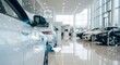 © Nusrat - Modern car showroom interior featuring digital interface icons for online automotive sales insurance and customer support services with rows of luxury vehicles displayed on polished reflective floor