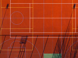 Red multi sport court with game lines, abstract aerial background