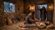 © AlfaSmart - Jesus Christ caring for an injured man in a stable. Biblical depiction of the parable of the good Samaritan. Ancient scene of compassion, healing, charity and faith in humanity.