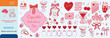 © SkArman - Set of hand drawn coquette elements for Valentines day, wedding invitation, birthday card. Cute girly bows, ribbons, cherry, cake, toy bear, cocktail, rose, strawberry. Vintage vector illustration