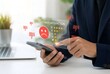 © Navi Pix - Person interacts with a holographic feedback interface on a smartphone, displaying low customer satisfaction ratings.