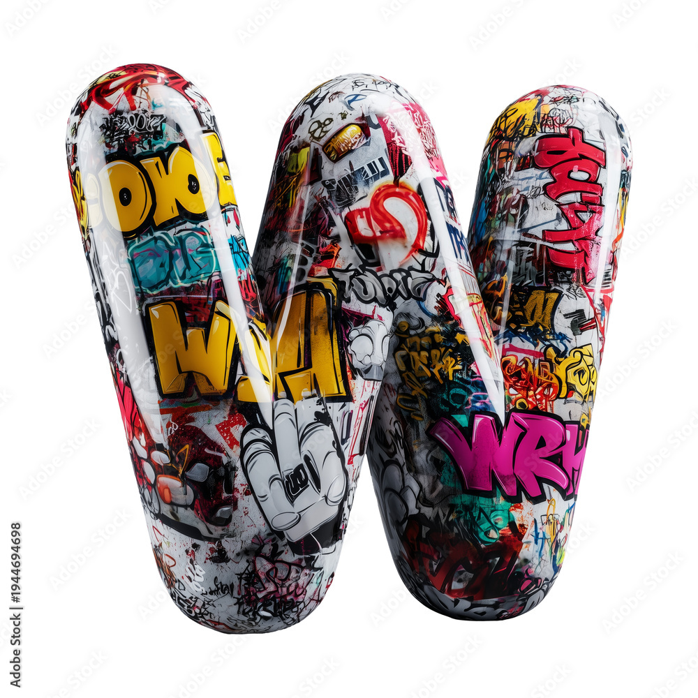 Inflatable letter W covered in graffiti art isolated on white ...