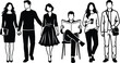 © OKAN - Flat silhouette group of people holding hands reading newspaper carrying coffee bag casual urban street scene with modern neutral lighting