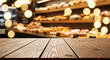 ©  Besticon25 - Weathered oak table top with blurred bakery background showing fresh bread and pastries on shelves