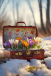 © linda_vostrovska - Vintage suitcase with spring flowers and blooms lying on the meadow with the rests of melting snow and grass growing. Concept of spring coming and winter leaving.