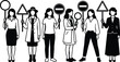 © OKAN - Flat design silhouette women holding protest signs in diverse outfits standing side view and front view black and white illustration