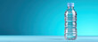 © Watercolor_Kawaii - Plastic water bottle with blue cap filled with clear liquid standing on blue surface with gradient blue background, refreshing and clean hydration concept
