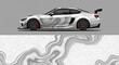 © Lailatul - White sports car side profile with sleek design and abstract marbled background.
