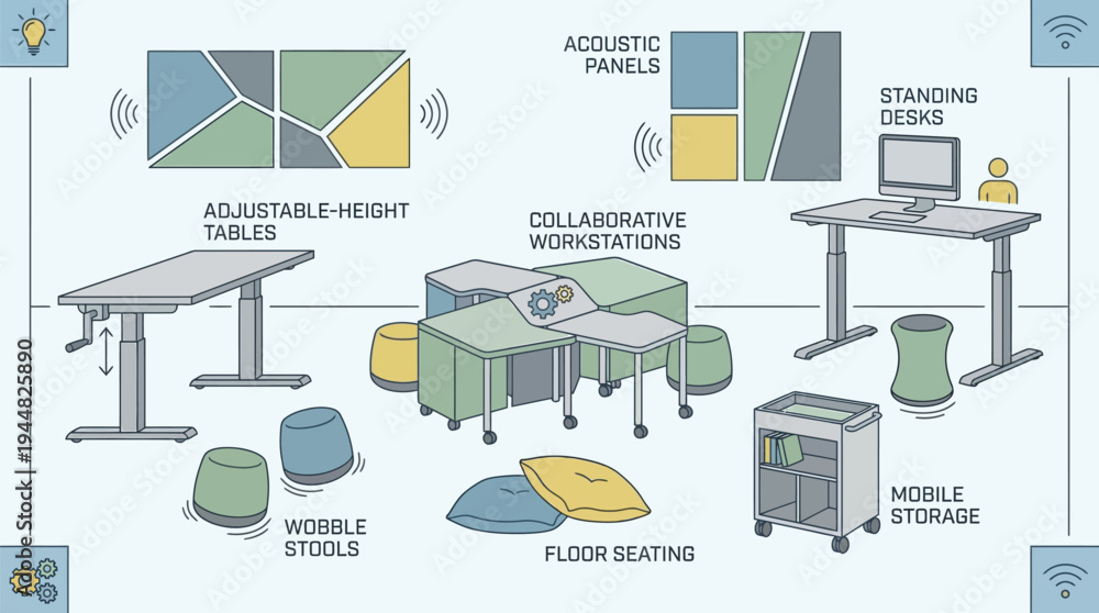Diagram illustrates various components of modern, flexible office ...