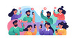 © NanzZ - A diverse group of people using their mobile phones to share and celebrate happiness on social media with colorful icons, conveying a joyful and connected community atmosphere