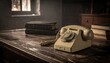 © Armature  - Vintage Rotary Phone on a Weathered Wooden Desk with Old Books and a Window in the Background.