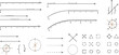 © MdGohurul - Technical vector illustration set featuring geometric measurement tools rulers arrows and drafting symbols for engineering and mathematical design isolated on white background.