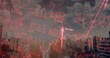 © vectorfusionart - Showing red overlay with tickers grid red uptrend line and arrow over skyline with reflections