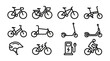 © naufal - Minimalist black line icons of bicycle types electric scooters charging station and office worker commuting on bike, concept for urban micro mobility, eco friendly transport and smart city travel