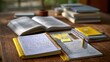 © Sawat - Study Space with Open Books, Notebooks, Sticky Notes and Writing Tools on a Wooden Table Surrounded by Natural Light