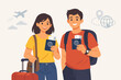 © Sophia - Happy Young Couple Holding Passports and Airline Tickets for International Travel, Vector Illustration of Man and Woman with Luggage Ready for Vacation Journey, Airport Departure Concept Art