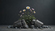 © Donna - Flowers emerge resiliently from a split rock, symbolizing nature's triumph over adversity in a stark, minimalist still life, and a dark setting.