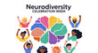 © Rahmat - Illustration of diverse people celebrating Neurodiversity Celebration Week with colorful brain design and raised hands in a joyful and accepting mood.