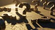 © Artfinity - Search for answers and complex problem solving. Information gathering and curiosity. Large stone question marks standing on a cracked desert ground under bright sunlight