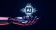© Rohan - A robotic hand holding a glowing digital artificial intelligence microprocessor chip icon.