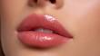 © PhotoLuxeStudio - Glossy pink lip makeup on smooth skin with natural shine and soft texture, close up side angle macro shot