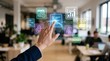 © Rian - Digital Transformation Business leader engaging with an advanced virtual interface, managing tasks, data, and communication in a modern, collaborative office setting